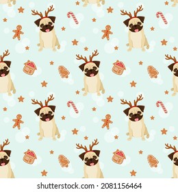 Seamless pattern with funny Christmas pugs. Cartoon design.
