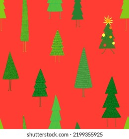 Seamless pattern with funny Christmas tree. Holiday wrapping paper or background.