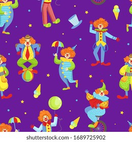 Seamless Pattern with Funny Circus Clowns, Circus Performance Design Element Can Be Used for Fabric, Wallpaper, Packaging, Web Page Vector Illustration