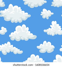 Seamless pattern with funny clouds in cartoon style on blue background. Hand drawn illustration  sky. Creative art work. Actual vector weather drawing