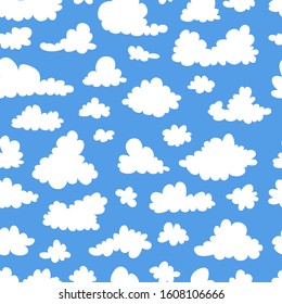 Seamless pattern with funny clouds in cartoon style on blue background. Hand drawn illustration  sky. Creative art work. Actual vector weather drawing