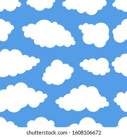 Seamless pattern with funny clouds in cartoon style on blue background. Hand drawn illustration  sky. Creative art work. Actual vector weather drawing