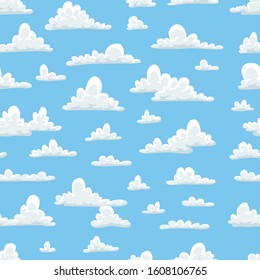Seamless pattern with funny clouds in cartoon style on blue background. Hand drawn illustration  sky. Creative art work. Actual vector weather drawing