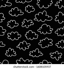 Seamless pattern with funny clouds in doodle style on black background. Hand drawn illustration cartoon sky. Creative art work. Actual vector weather drawing