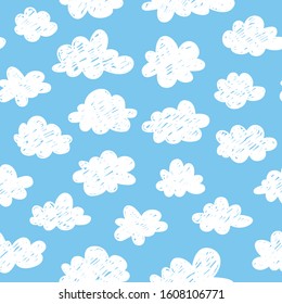 Seamless pattern with funny clouds in doodle style on blue background. Hand drawn illustration cartoon sky. Creative art work. Actual vector weather drawing