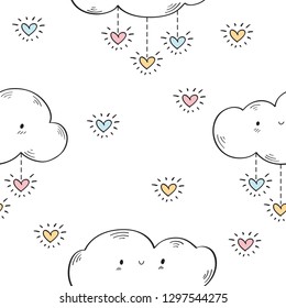 Seamless pattern with funny clouds and hearts for textiles, wallpapers, gift wraps and scrapbook. Vector.