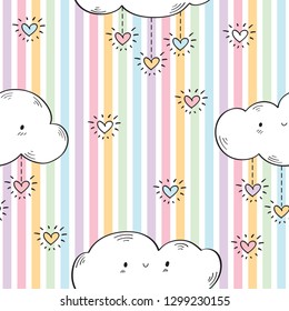Seamless pattern with funny clouds and hearts for kids textiles, wallpapers, gift wraps and scrapbook. Background with colored stripes. Vector.