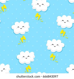 Seamless pattern with funny clouds and lightning on blue background. Ornament for children's textiles and wrapping. Comics style. Vector.