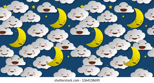 Seamless pattern with funny clouds for prints, designs, cards and clothes. Vector illustration for coloring pages and books.
