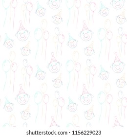 Seamless pattern with funny clowns and air balloons on white background. Kids fashion. Vector Illustration