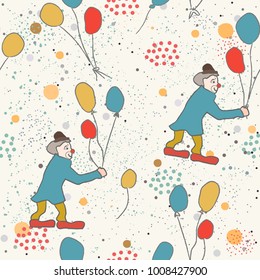 Seamless pattern with funny clowns holding air balloons on dotted background. Kids fashion. Vector Illustration