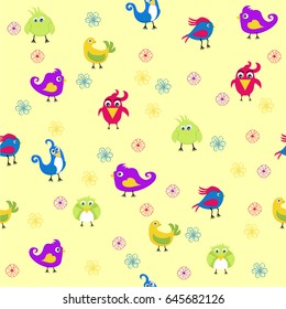 Seamless pattern with funny colored birds. Perfect for wallpapers, web page backgrounds, surface textures, textile.
