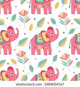 Seamless pattern with funny colorful baby elephants and flowers on white. Great for fabrics, wrapping papers, wallpapers, covers. Vector illustration in hand drawn flat style