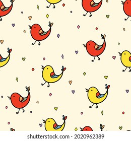 Seamless pattern with funny colorful birds. Color flat vector illustration with little cartoon bird. Cute characters. Template design for invitation, poster, card, flyer, textile, fabric for kids.