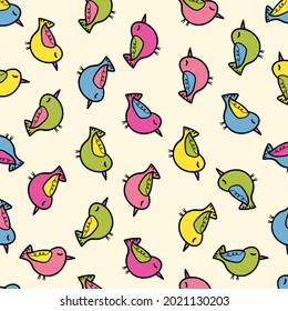 Seamless pattern with funny colorful birds. Color flat vector illustration with little cartoon bird. Cute characters. Template design for invitation, poster, card, flyer, textile, fabric for kids.