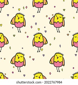 Seamless pattern with funny colorful birds. Color flat vector illustration with little cartoon bird. Cute characters. Template design for invitation, poster, card, flyer, textile, fabric for kids.