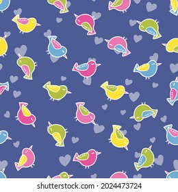 Seamless pattern with funny colorful birds. Color flat vector illustration with little cartoon bird. Cute characters. Template design for invitation, poster, card, flyer, textile, fabric for kids.