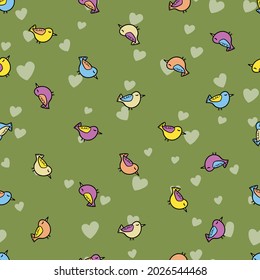 Seamless pattern with funny colorful birds. Color flat vector illustration with little cartoon bird. Cute characters. Template design for invitation, poster, card, flyer, textile, fabric for kids.