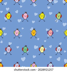 Seamless pattern with funny colorful birds. Color flat vector illustration with little cartoon bird. Cute characters. Template design for invitation, poster, card, flyer, textile, fabric for kids.
