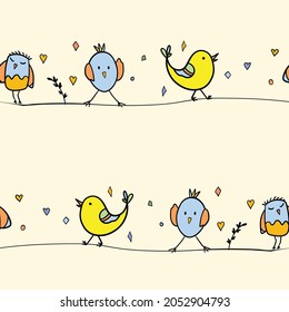 Seamless pattern with funny colorful birds sitting on wires. Color flat vector illustration with little cartoon bird. Cute characters. Template design for invitation, flyer, textile, fabric for kids.