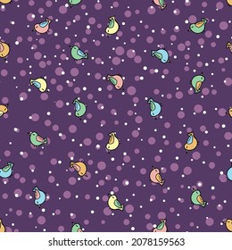 Patrón sin foco con divertidos pájaros coloridos. Ilustración del vector plano de color con un pequeño pájaro caricaturista. Caracteres de corte. Diseño de plantilla para invitación, afiche, tarjeta, volante, textil, tela para niños.