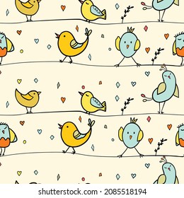 Seamless pattern with funny colorful birds sitting on wires. Color flat vector illustration with little cartoon bird. Cute characters. Template design for invitation, flyer, textile, fabric for kids.