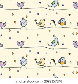 Seamless pattern with funny colorful birds sitting on wires. Color flat vector illustration with little cartoon bird. Cute characters. Template design for invitation, flyer, textile, fabric for kids.