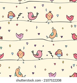 Seamless pattern with funny colorful birds sitting on wires. Color flat vector illustration with little cartoon bird. Cute characters. Template design for invitation, flyer, textile, fabric for kids.