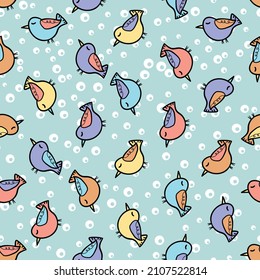 Seamless pattern with funny colorful birds. Color flat vector illustration with little cartoon bird. Cute characters. Template design for invitation, poster, card, flyer, textile, fabric for kids.
