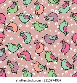 Seamless pattern with funny colorful birds. Color flat vector illustration with little cartoon bird. Cute characters. Template design for invitation, poster, card, flyer, textile, fabric for kids.