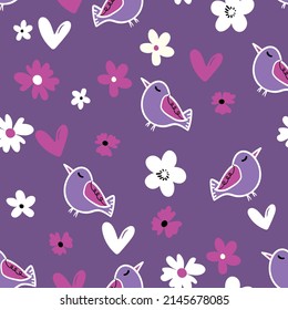 Patrón sin foco con divertidos pájaros coloridos. Ilustración del vector plano de color con un pequeño pájaro caricaturista. Caracteres de corte. Diseño de plantilla para invitación, afiche, tarjeta, volante, textil, tela para niños.