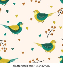 Seamless pattern with funny colorful birds, flowers, leaves and berries. Color flat vector illustration with little cartoon bird. Cute characters. Design for invitation, poster, card, textile, fabric.