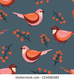 Seamless pattern with funny colorful birds, flowers, leaves and berries. Color flat vector illustration with little cartoon bird. Cute characters. Design for invitation, poster, card, textile, fabric.
