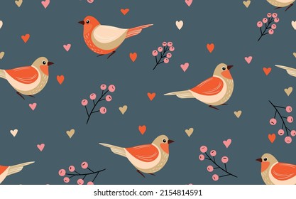 Seamless pattern with funny colorful birds, flowers, leaves and berries. Color flat vector illustration with little cartoon bird. Cute characters. Design for invitation, poster, card, textile, fabric.