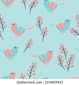 Seamless pattern with funny colorful birds, flowers, leaves and berries. Color flat vector illustration with little cartoon bird. Cute characters. Design for invitation, poster, card, textile, fabric.