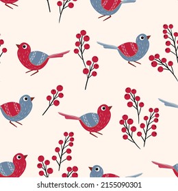 Seamless pattern with funny colorful birds, flowers, leaves and berries. Color flat vector illustration with little cartoon bird. Cute characters. Design for invitation, poster, card, textile, fabric.