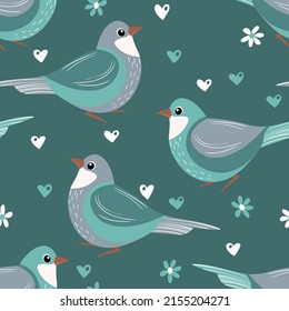 Seamless pattern with funny colorful birds, flowers, leaves and berries. Color flat vector illustration with little cartoon bird. Cute characters. Design for invitation, poster, card, textile, fabric.