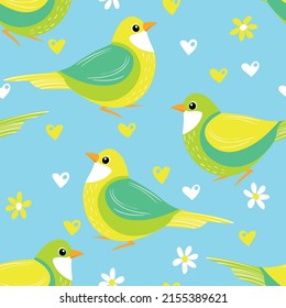 Seamless pattern with funny colorful birds, flowers, leaves and berries. Color flat vector illustration with little cartoon bird. Cute characters. Design for invitation, poster, card, textile, fabric.