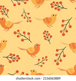 Seamless pattern with funny colorful birds, flowers, leaves and berries. Color flat vector illustration with little cartoon bird. Cute characters. Design for invitation, poster, card, textile, fabric.