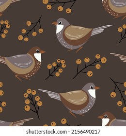 Patrón sin foco con divertidos pájaros coloridos, flores, hojas y bayas. Ilustración del vector plano de color con un pequeño pájaro caricaturista. Caracteres de corte. Diseño para invitación, afiche, tarjeta, textil, tela.