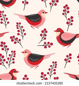 Seamless pattern with funny colorful birds, flowers, leaves and berries. Color flat vector illustration with little cartoon bird. Cute characters. Design for invitation, poster, card, textile, fabric.