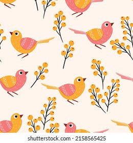 Seamless pattern with funny colorful birds, flowers, leaves and berries. Color flat vector illustration with little cartoon bird. Cute characters. Design for invitation, poster, card, textile, fabric.