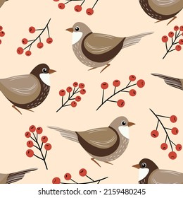 Seamless pattern with funny colorful birds, flowers, leaves and berries. Color flat vector illustration with little cartoon bird. Cute characters. Design for invitation, poster, card, textile, fabric.