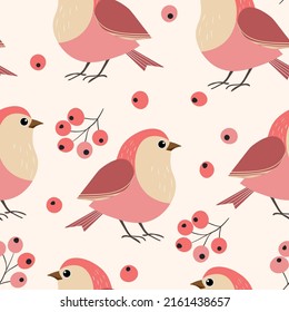 Patrón sin foco con divertidos pájaros coloridos, flores, hojas y bayas. Ilustración del vector plano de color con un pequeño pájaro caricaturista. Caracteres de corte. Diseño para invitación, afiche, tarjeta, textil, tela.