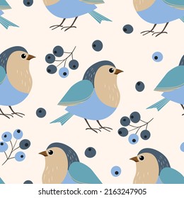 Seamless pattern with funny colorful birds, flowers, leaves and berries. Color flat vector illustration with little cartoon bird. Cute characters. Design for invitation, poster, card, textile, fabric.