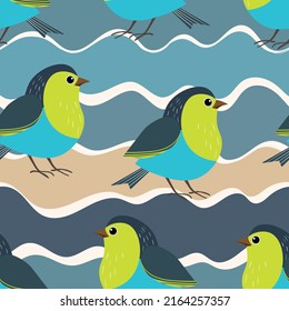 Seamless pattern with funny colorful birds. Color flat vector illustration with little cartoon bird. Cute characters. Design for invitation, poster, card, textile, fabric.