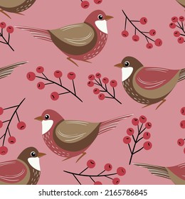 Seamless pattern with funny colorful birds, flowers, leaves and berries. Color flat vector illustration with little cartoon bird. Cute characters. Design for invitation, poster, card, textile, fabric.