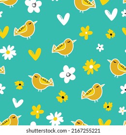 Seamless pattern with funny colorful birds. Color flat vector illustration with little cartoon bird. Cute characters. Template design for invitation, poster, card, flyer, textile, fabric for kids.