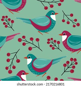 Seamless pattern with funny colorful birds, flowers, leaves and berries. Color flat vector illustration with little cartoon bird. Cute characters. Design for invitation, poster, card, textile, fabric.