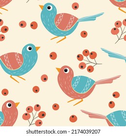 Patrón sin foco con divertidos pájaros coloridos, flores, hojas y bayas. Ilustración del vector plano de color con un pequeño pájaro caricaturista. Caracteres de corte. Diseño para invitación, afiche, tarjeta, textil, tela.